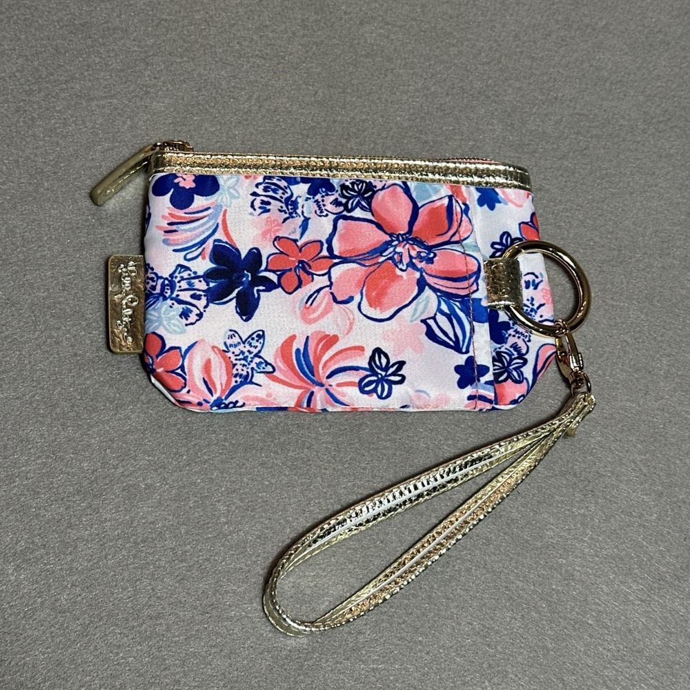 Lilly Pulitzer Preppy Flower Wallet Wristlet with Gold Trim Zipper Closure New